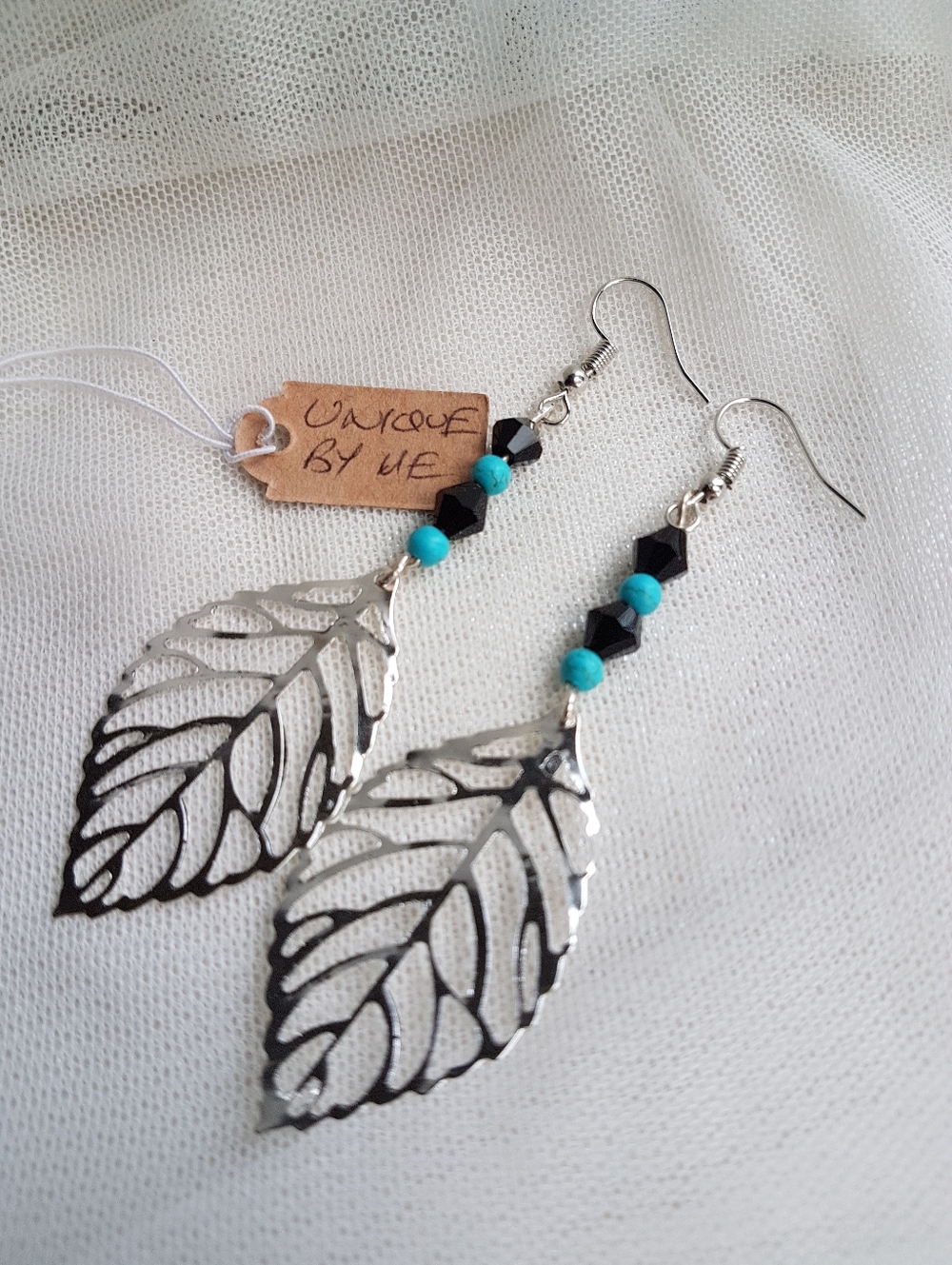 Swarovski Elements Black Crystals & Genuine Turquoise Silver Leaf Earrings NEW - Picture 2 of 5